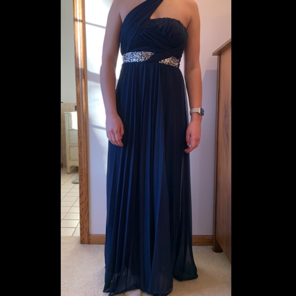 Deb Navy blue formal/prom gown. Gorgeous one-shoulder dress with bead accent